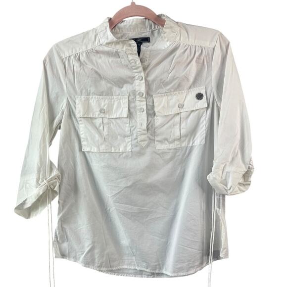 Obey white button up tie cinch 1/2 sleeve blouse 100% cotton woman's US6 small - Picture 1 of 7